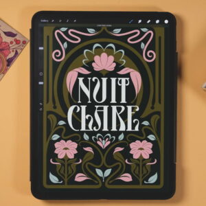 The finished NUIT CLAIRE Art Nouveau poster on an iPad