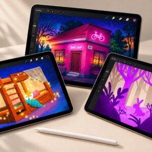Three iPads showing perspective illustrations painted in Procreate
